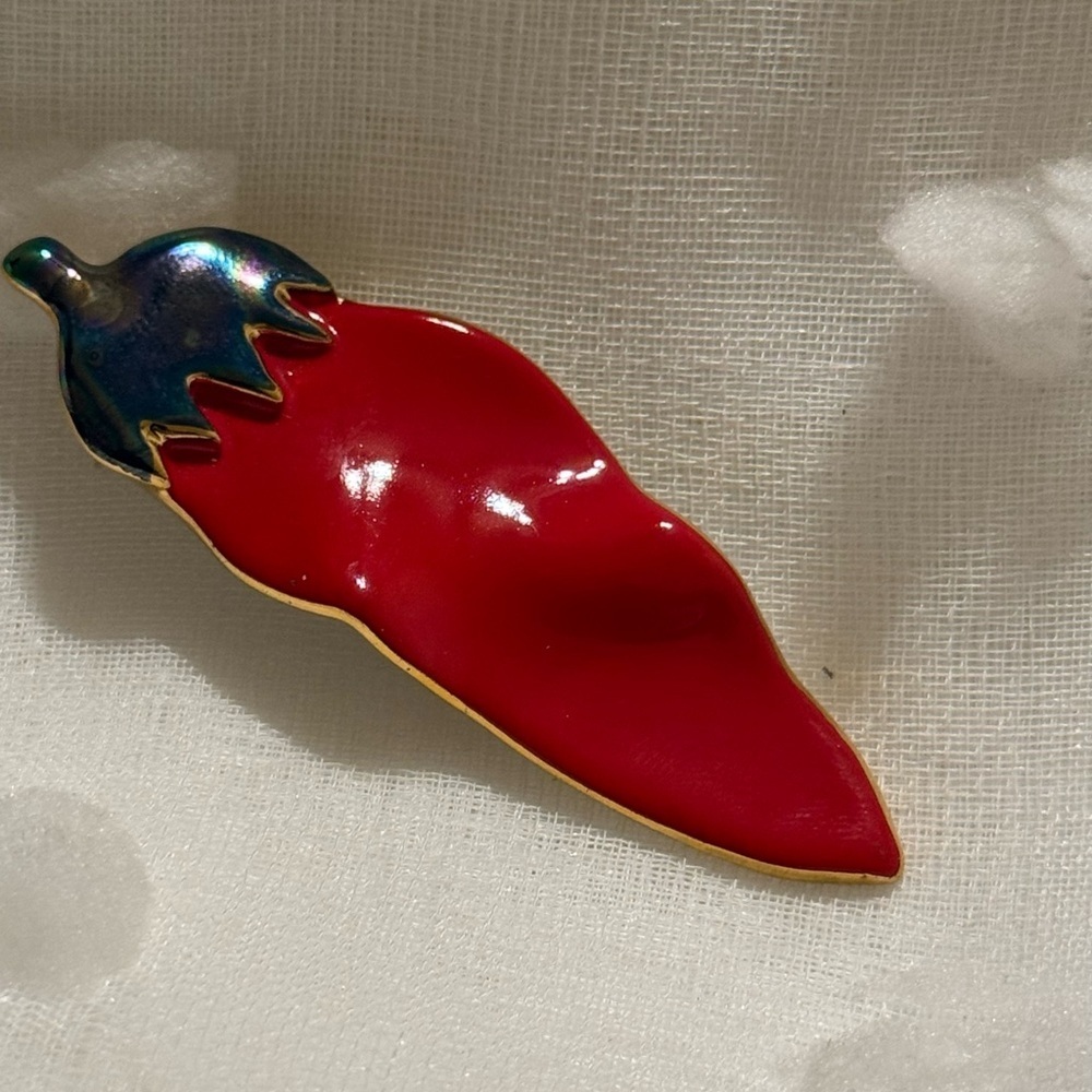 Red Chili Pepper Enamel and Ceramic Brooch